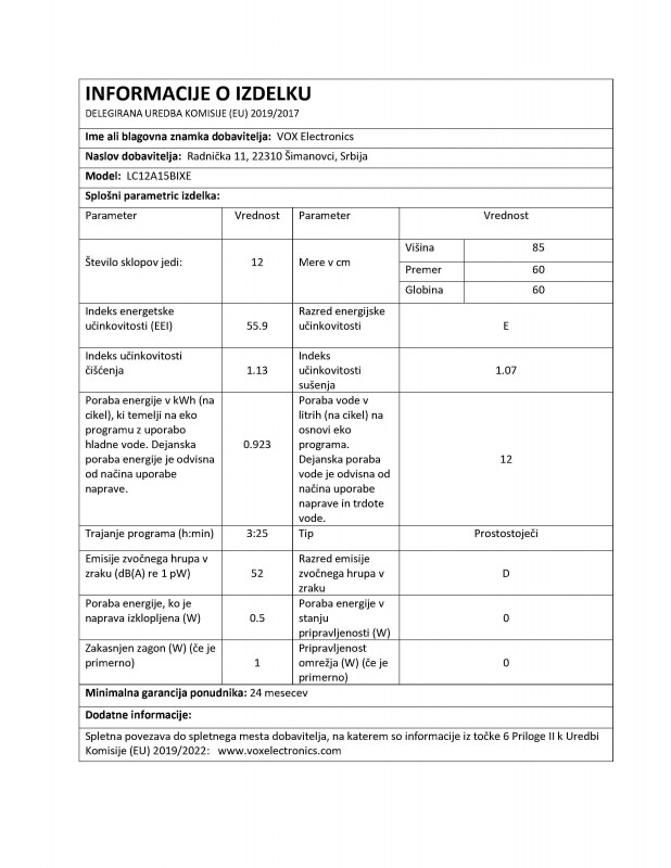 VOX pomivalni stroj LC 12A15-B IX E [E, 12 pogr., 6 programov, zaslon, inox]